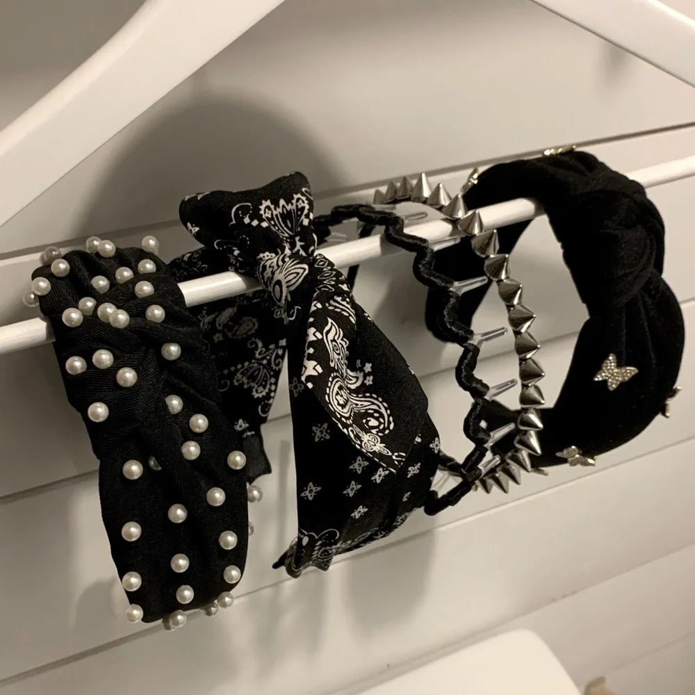 Set of 5 Black Headbands Pearl Stud Bandana Knotted Padded Goth Y2K Boho